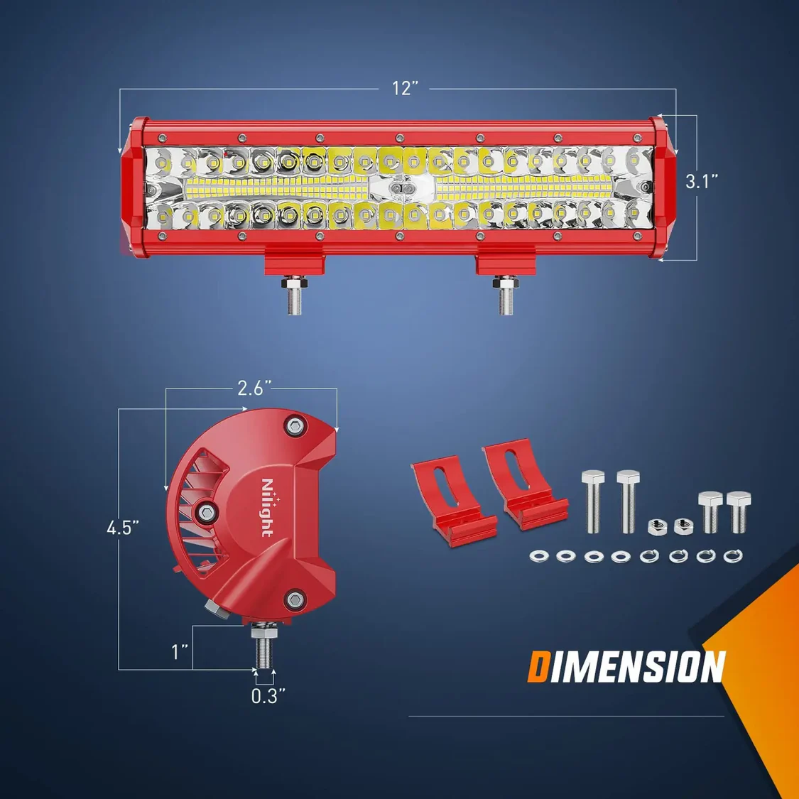 Nilight 12 Inch 300W Triple Row Red Case Spot/Flood LED Light Bar | 16AWG Wire 3Pin Switch