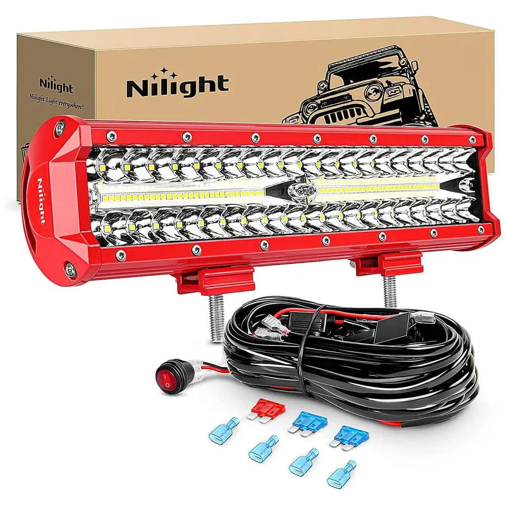 Nilight 12 Inch 300W Triple Row Red Case Spot/Flood LED Light Bar | 16AWG Wire 3Pin Switch