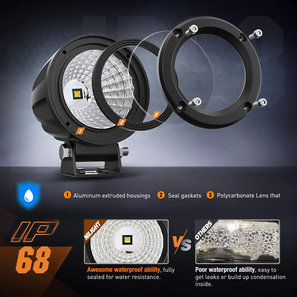 Nilight 3 Inch 10W 1080LM Flood Round Built-in EMC LED Work Lights (Pair)