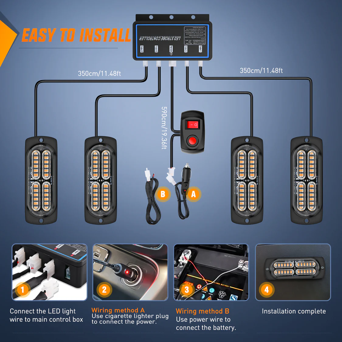 Nilight 4PCS LED Strobe Lights 12V 24V Sync Amber 24LED Emergency Hazard Warning Lights with Controller