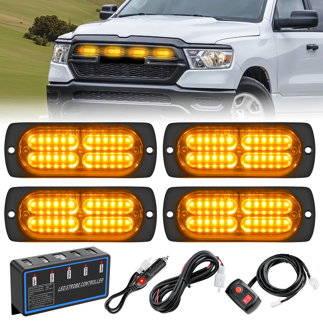 Nilight 4PCS LED Strobe Lights 12V 24V Sync Amber 24LED Emergency Hazard Warning Lights with Controller