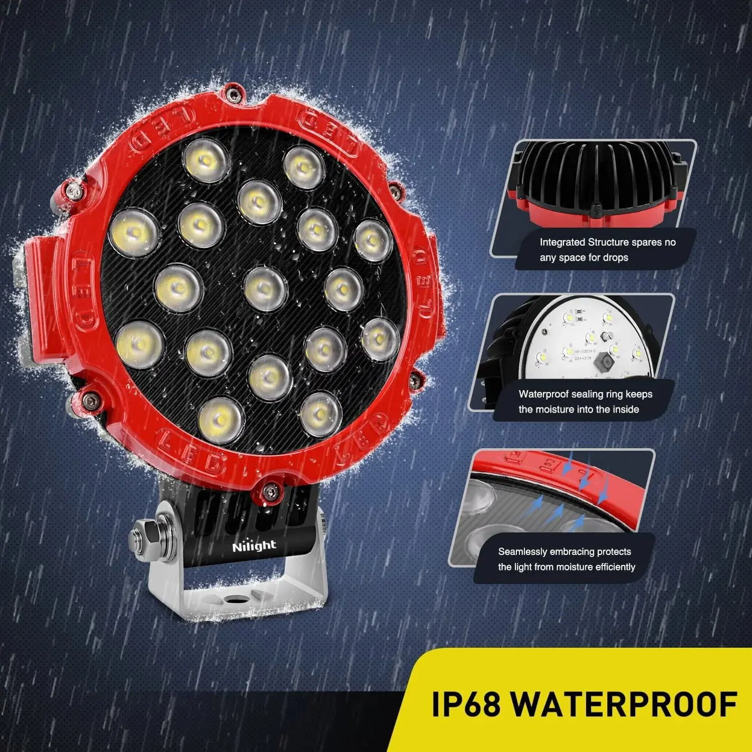 Nilight 7 Inch Round 51W Flood Red Case LED Work Light (Pair)