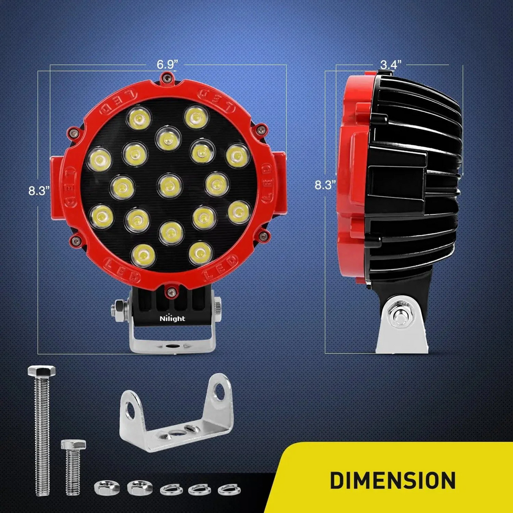 Nilight 7 Inch Round 51W Flood Red Case LED Work Light (Pair)