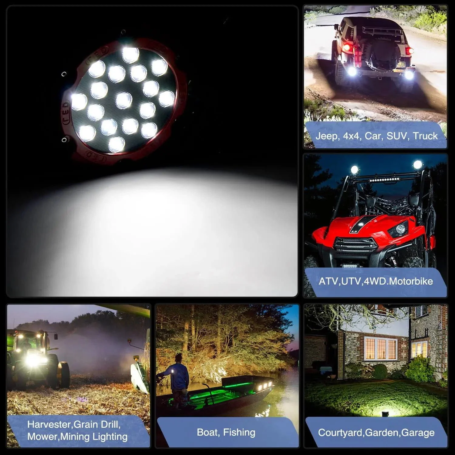 Nilight 7 Inch Round 51W Flood Red Case LED Work Light (Pair)