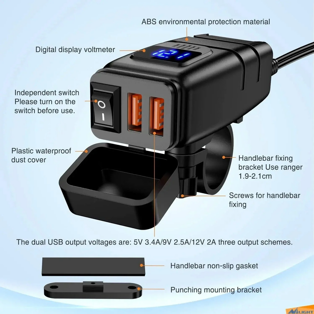 Nilight Motorcycle SAE to Dual USB Car Charger Adapter