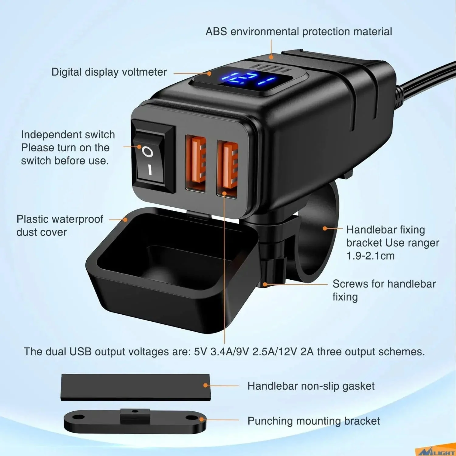Nilight Motorcycle SAE to Dual USB Car Charger Adapter