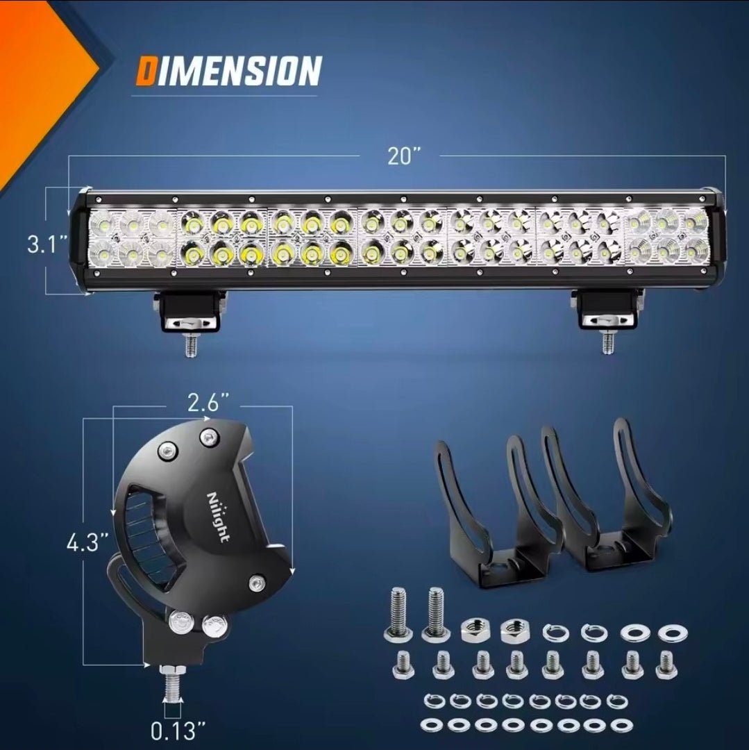 Nilight 20Inch 126W Spot Flood Combo LED Light Bar + 2PCS 4Inch 18W Flood LED Pods Wiring Harness Kit - Precision Upgrades